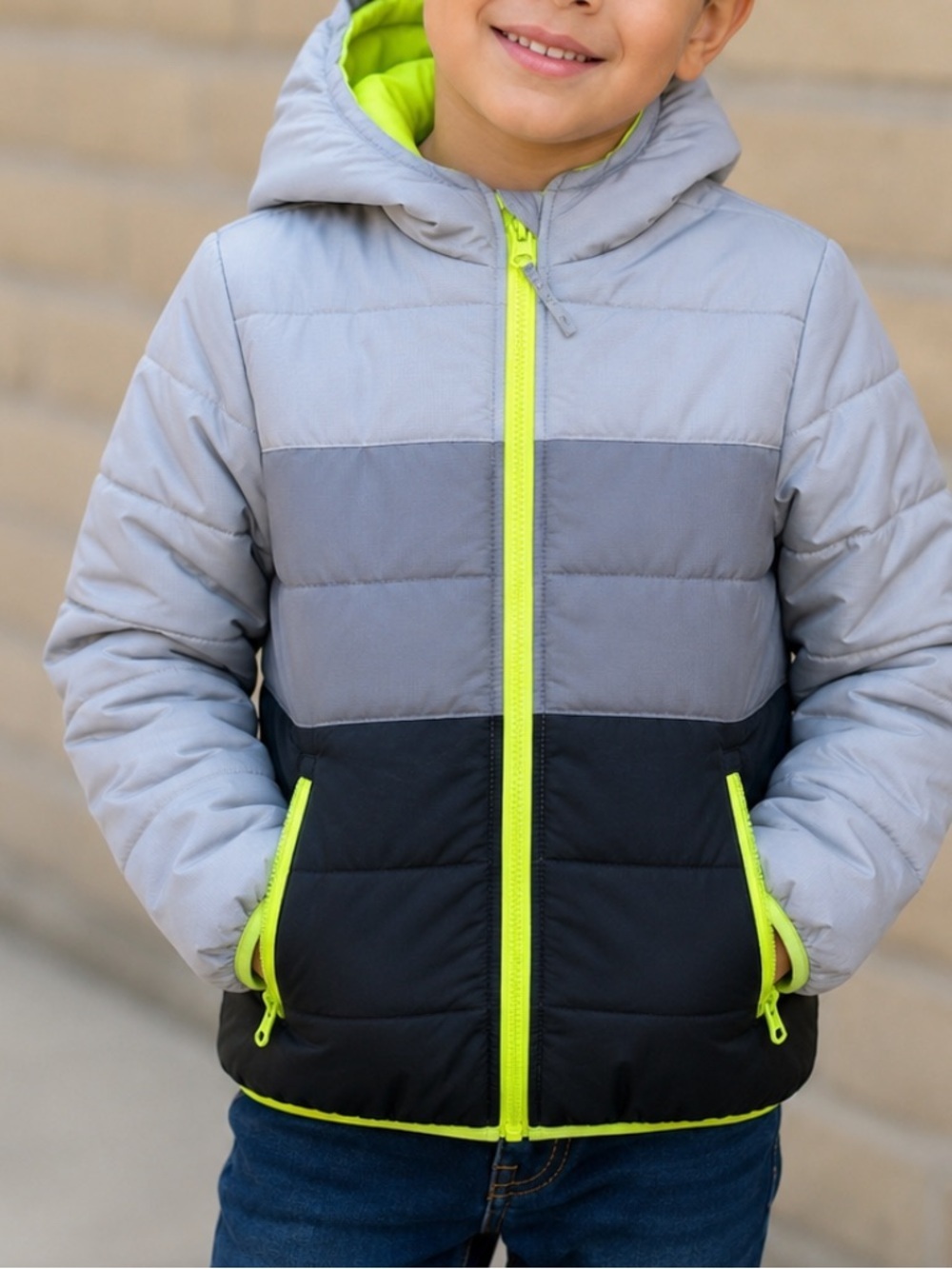 Simply Styled Gray & Black Puffer Jacket with Neon Yellow Trim Size 5/6 years
